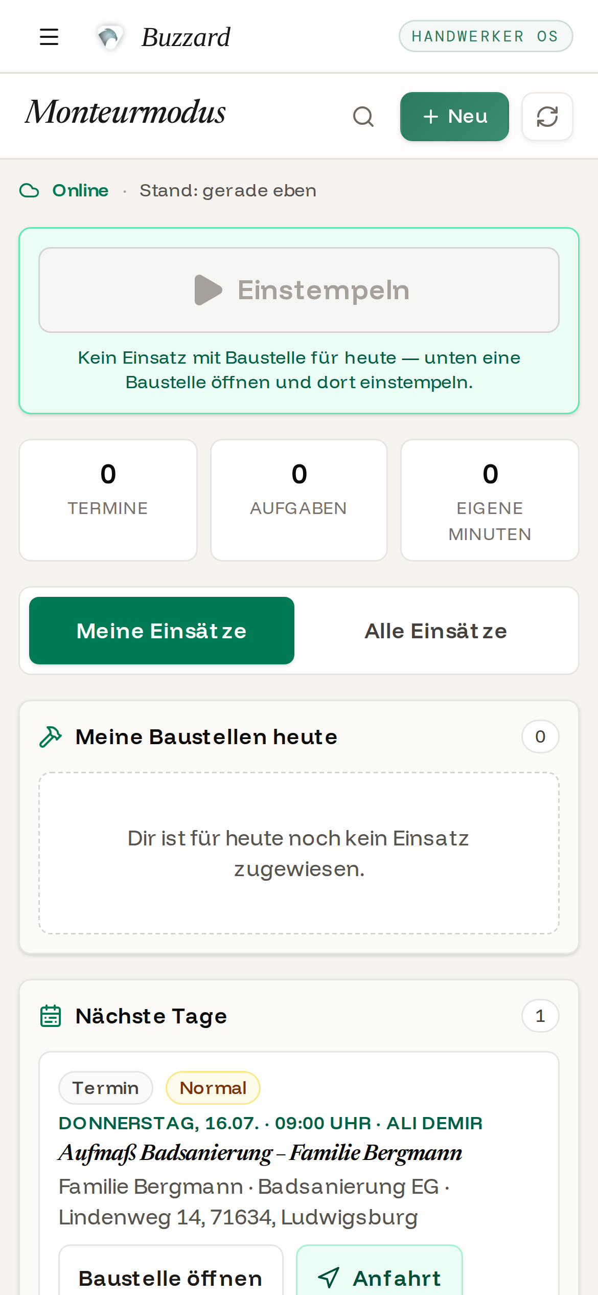 Monteur-Startseite mit den zugewiesenen Einsätzen