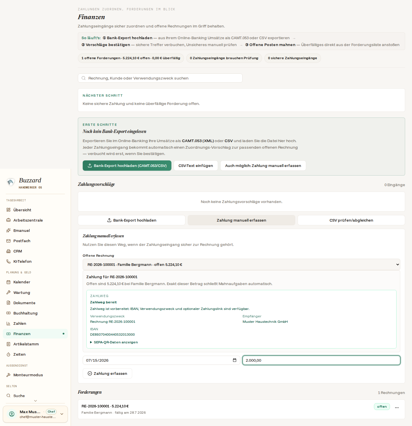 Formular zum manuellen Erfassen einer Zahlung